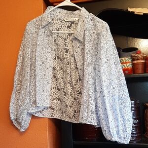Zara Blue Floral Cropped Sheer Blouse XL